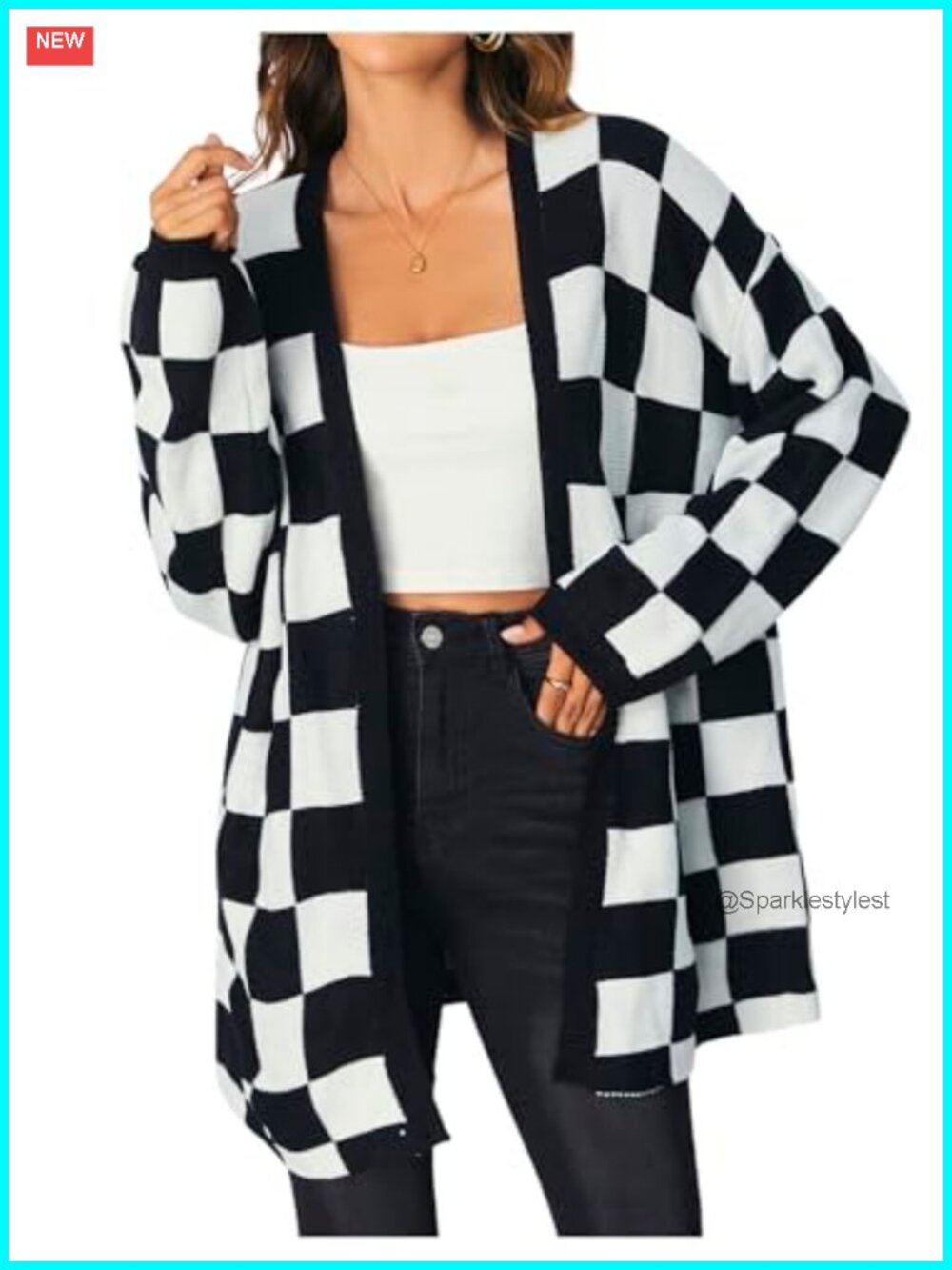 Oversized Checkered Cardigan Long Sleeve Open Front Sweater Outerwear